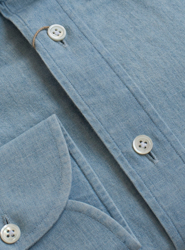 Ice Washed Japanese Chambray close up buttons and pocket